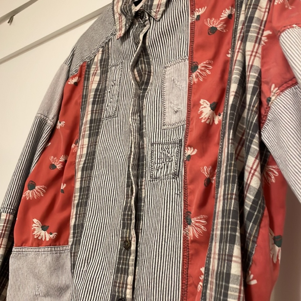 Free People Patchwork Distressed Plaid Button Dow… - image 4